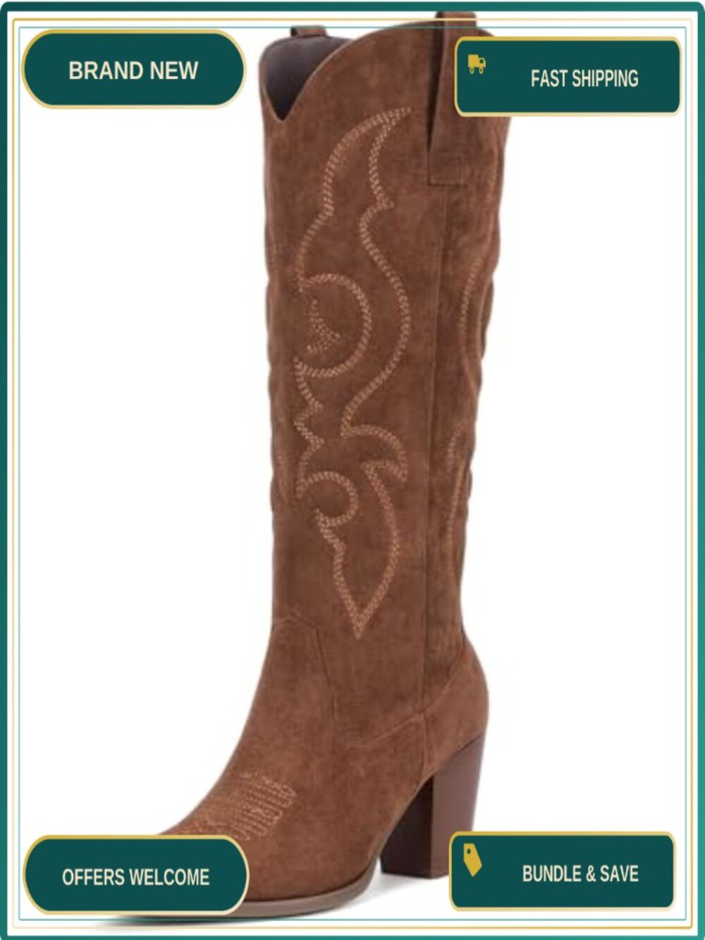 Faux Suede Cowboy Boots Knee High Side Zipper Pointed Toe Block Heel Western